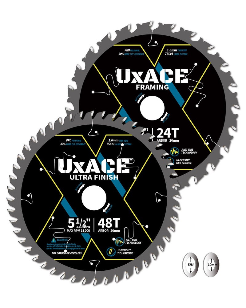 UXACE 5-1/2-Inch 24&48-Tooth Circular Saw Blade with 20 mm Arbor, Framing & Ultra Finish Wood Cutting, Carbide Tip, Thin Kerf, for Plywood, MDF, OSB, Laminated, 2 Pack - Image 1